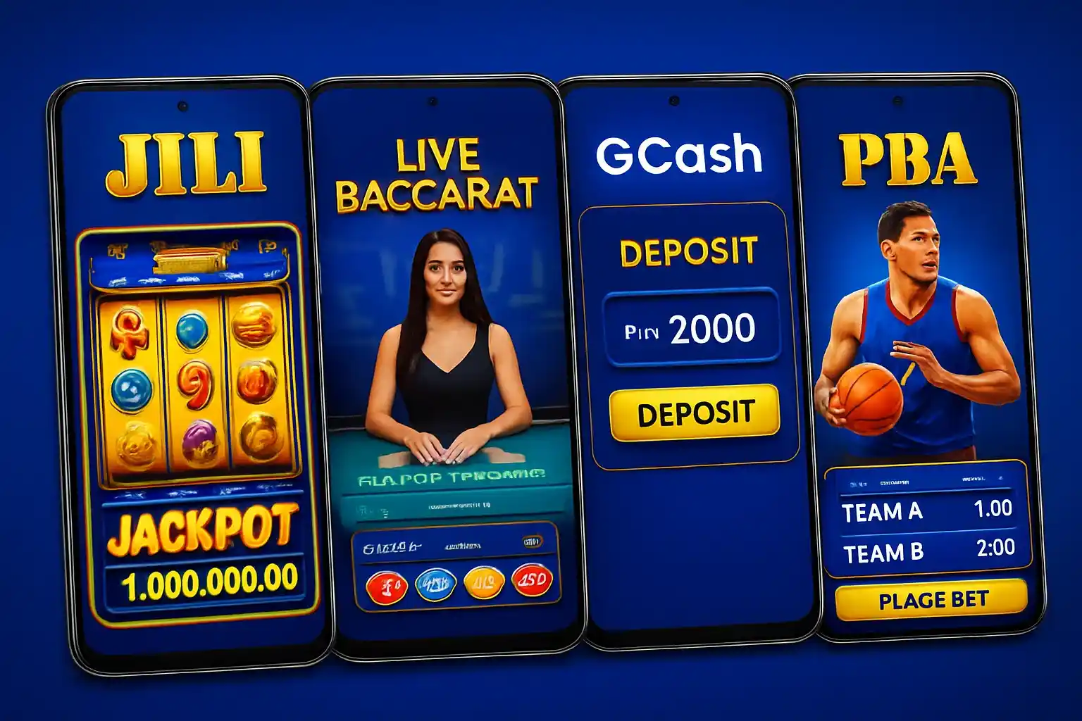 Android screens showing Philippine casino app with slots, baccarat, GCash, sports betting