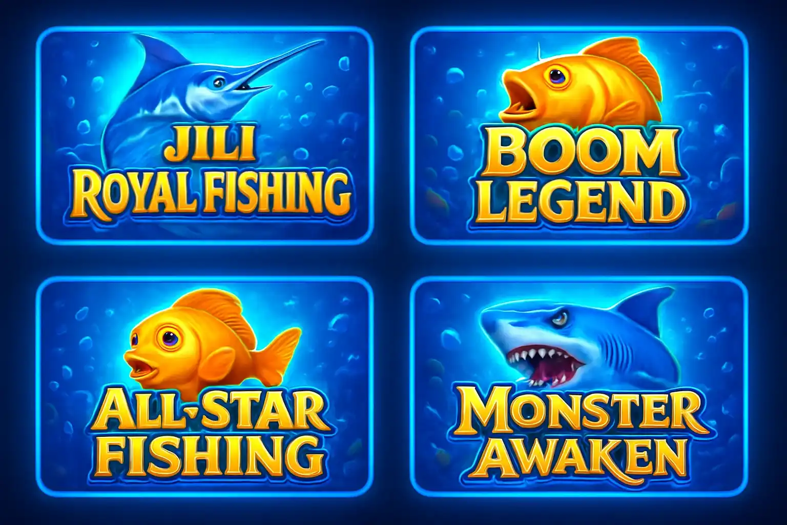 Grid of Philippine fishing game thumbnails with vibrant blue and gold casino style