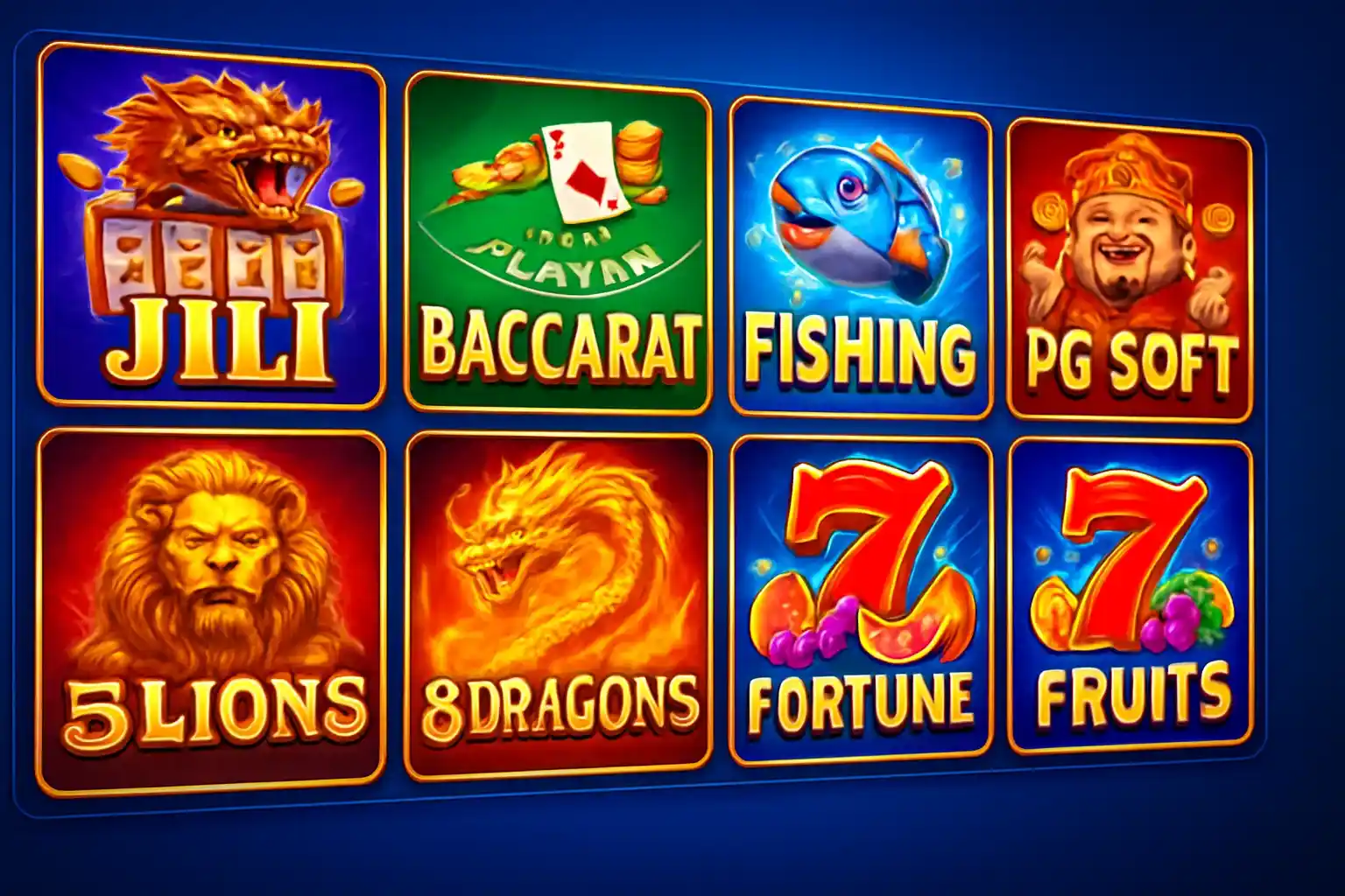 Colorful grid of Philippine casino games with JILI slots, baccarat, fishing, PG Soft