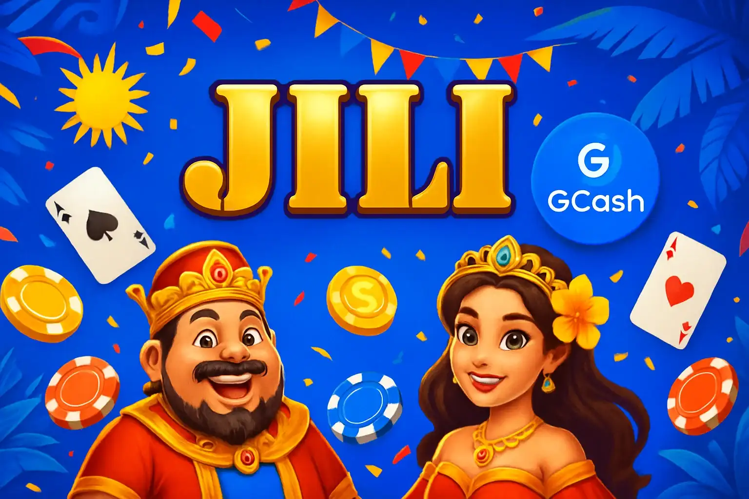 Vibrant Philippine online casino hero banner with JILI characters and GCash badge