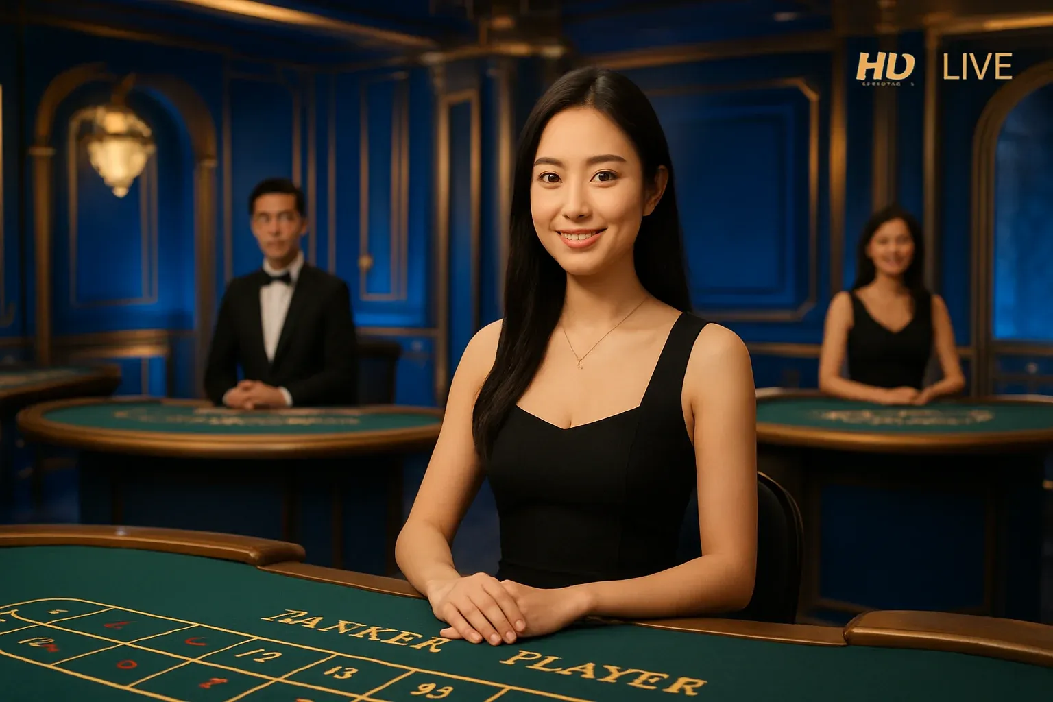 Elegant live casino studio with Asian dealers, baccarat and blackjack tables