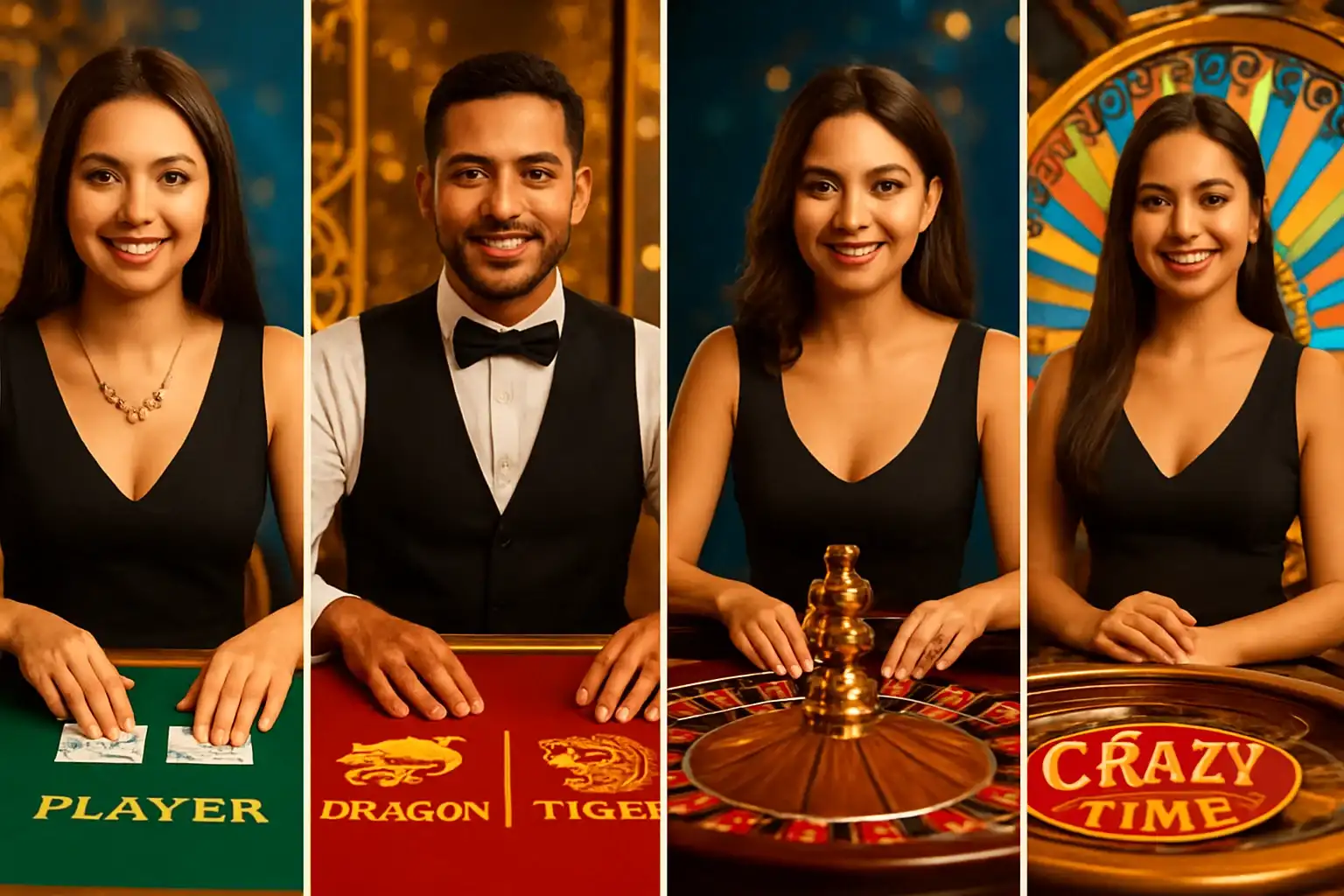 Live casino game cards with dealers, baccarat, roulette, and Crazy Time wheel