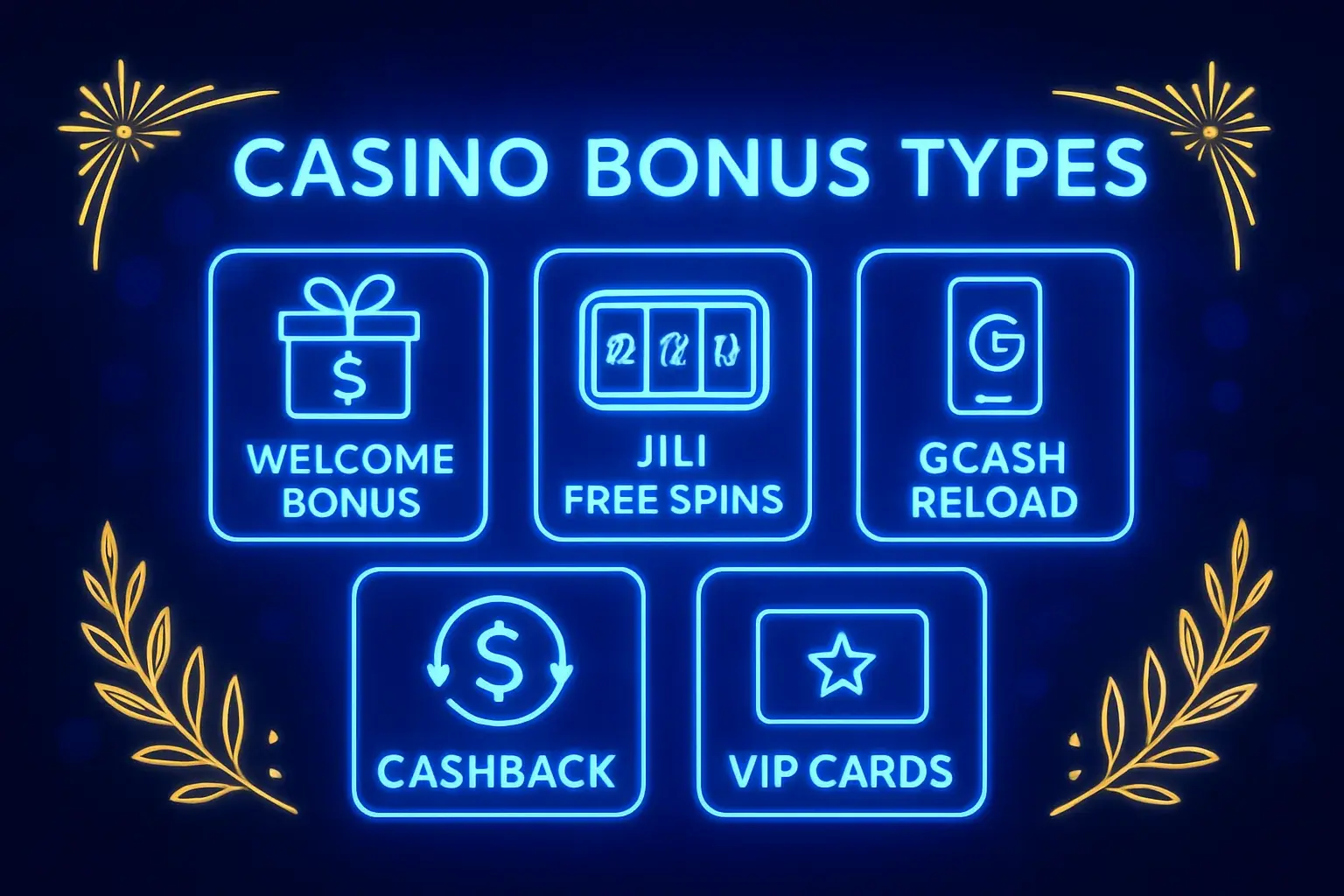 Welcome bonus, JILI free spins, GCash reload, cashback, VIP cards on blue