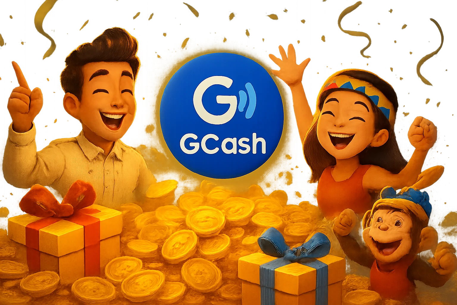 Philippine casino promotions banner with GCash badge, JILI characters, gold coins