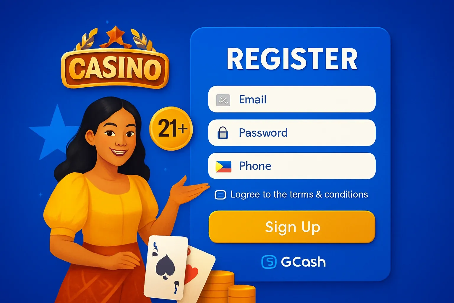 Philippine casino registration page with GCash logo and gold 21+ badge