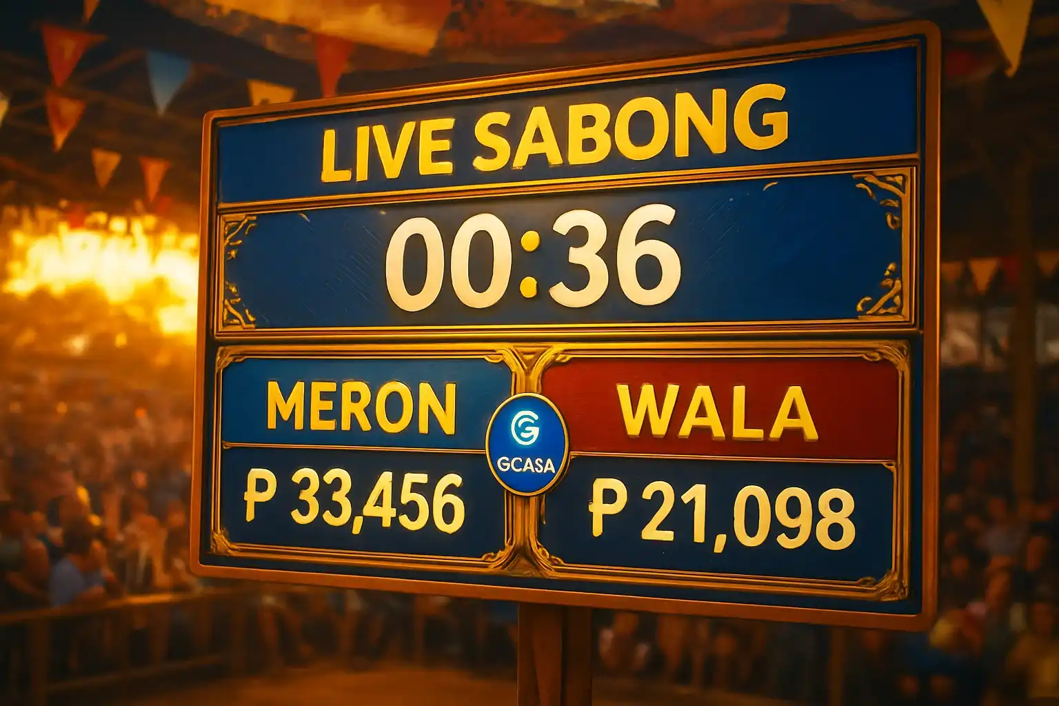 Live sabong countdown timer with Meron vs Wala betting panel and GCash badge