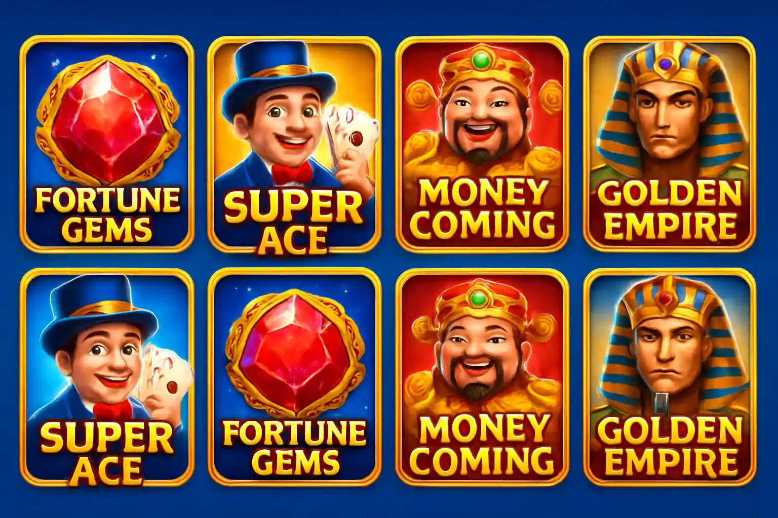 Grid of JILI and PG Soft slot game thumbnails on blue background