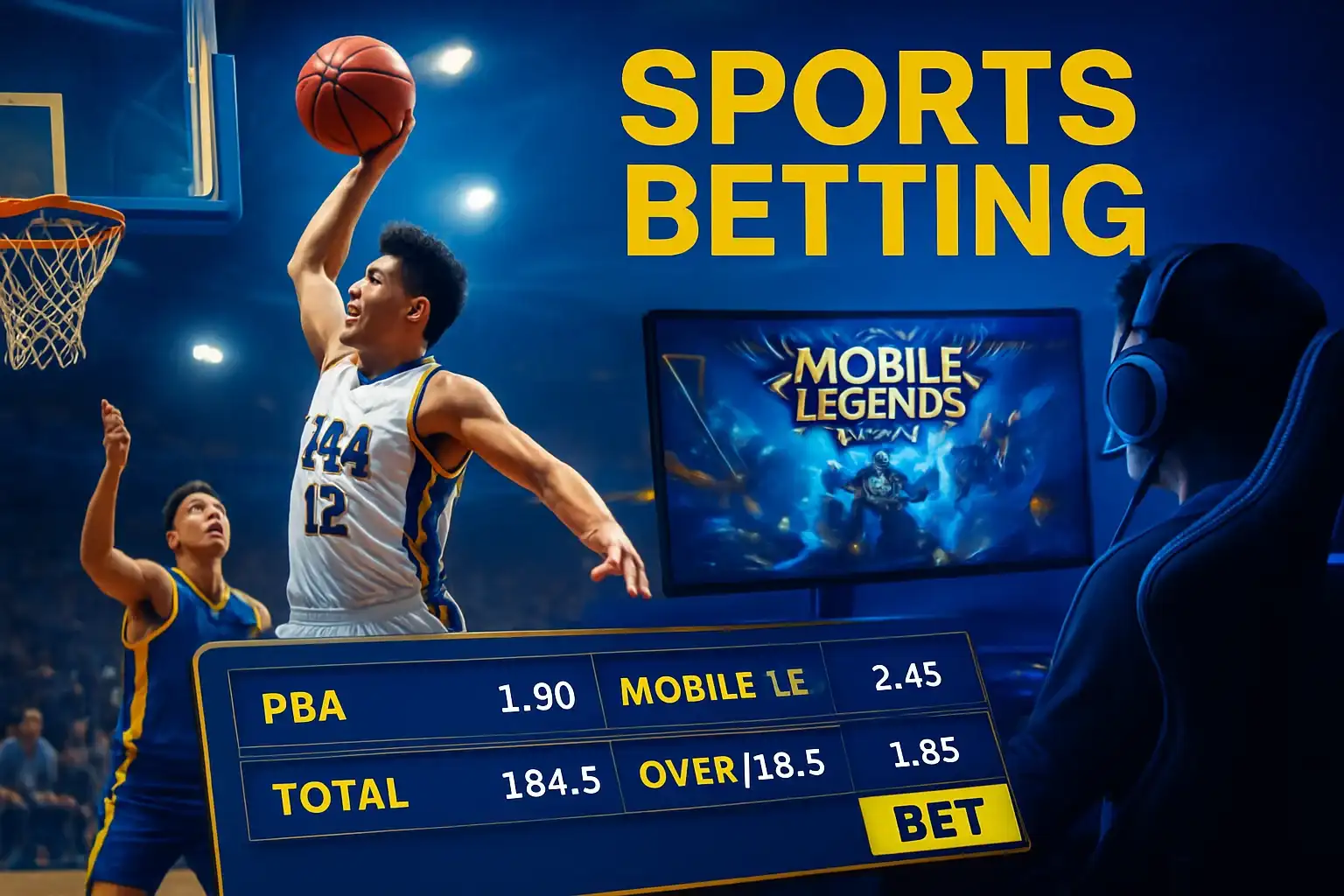 Dynamic Philippine sports betting banner with PBA action and Mobile Legends setup